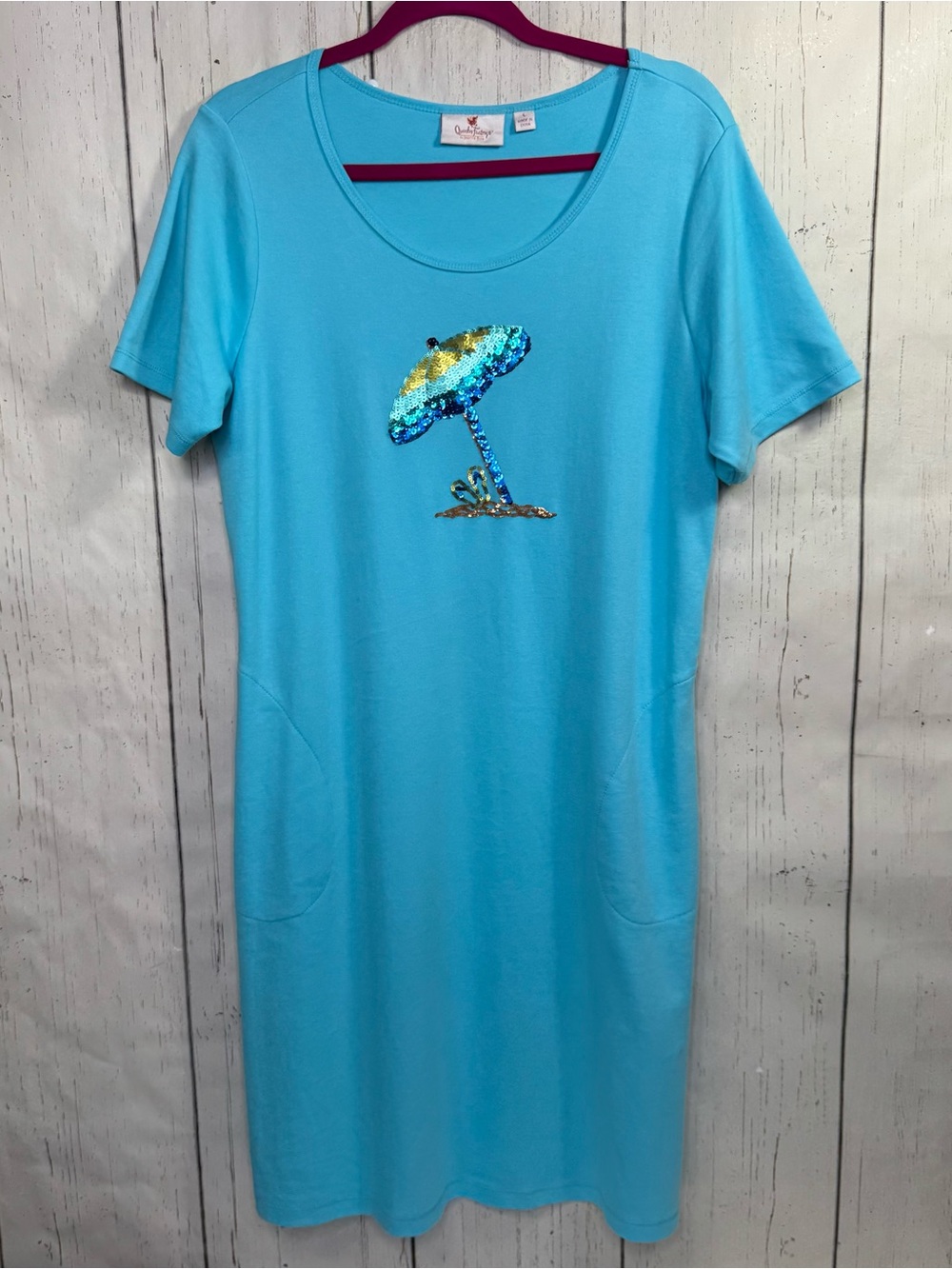 Quacker Factory Blue Sequin Beach Umbrella T-Shirt Dress Large Coastal Beachy L